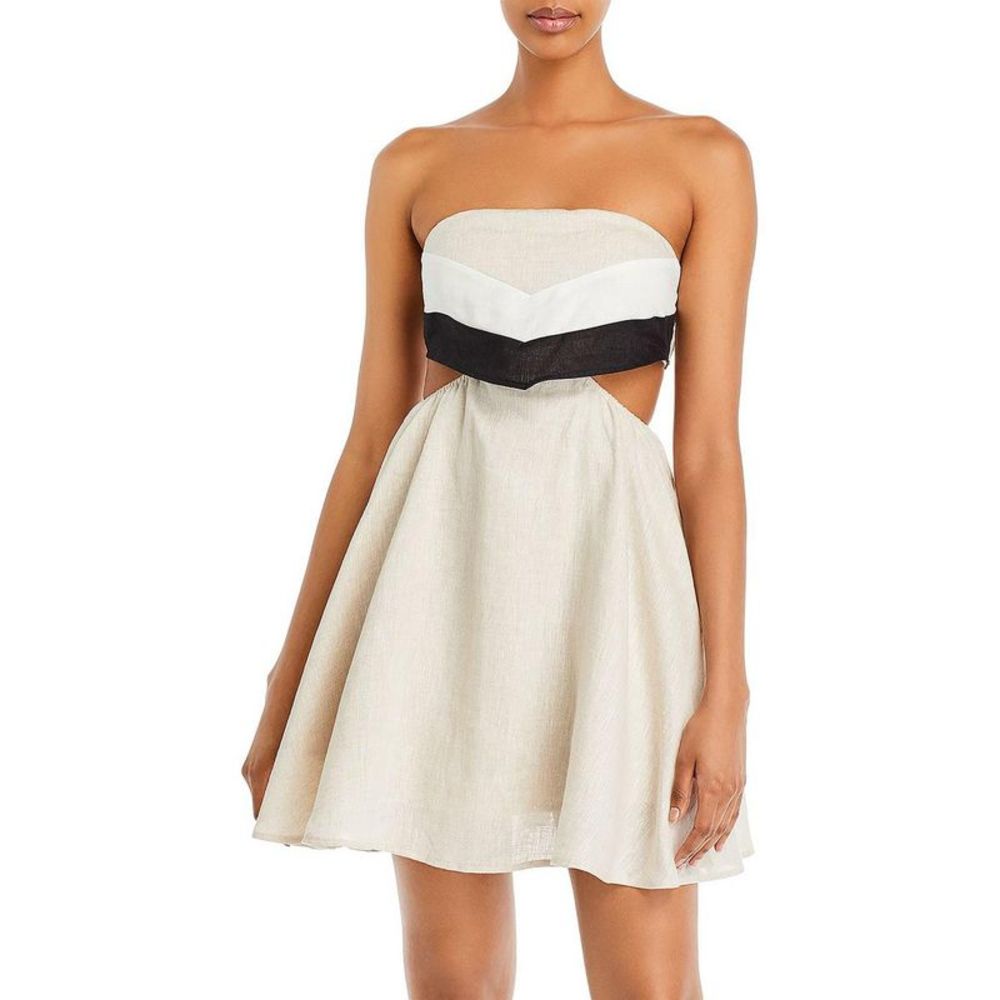 STAUD Womens Lourdes Beige Cut-out Linen Stretch Mini Dress NWT